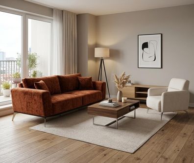 Wohnzimmer Set: 3-Sitzer Sofa + Sessel Couch Modern Design Braun Neu