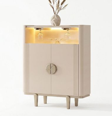 Kommode Beige Modern Sideboard mit LED Barfach Wohnzimmer Luxuriös