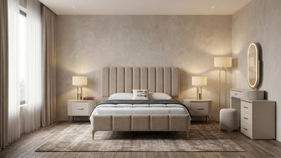 Moderne Schlafzimmer Set Bett mit 2x Nachttischen und stilvollen Schminktisch