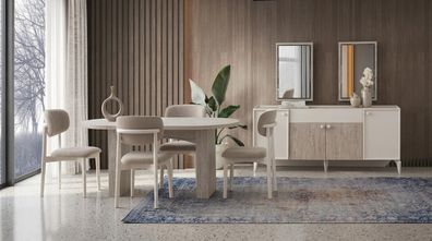 Luxuriöses Beiges Esszimmer Set Designer Esstisch 4x Stühle Spiegel