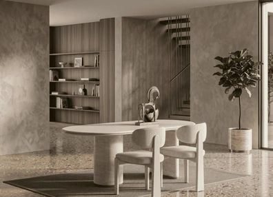 Beiges Esszimmer-Set Ovaler Esstisch Esszimmerstühle Polsterstühle moderner