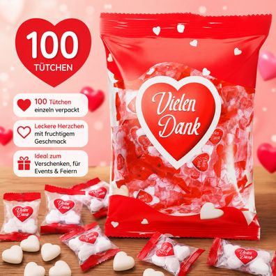 100 Vielen Dank Herzen Traubenzucker Bonbons einzeln verpackt 650g Mix