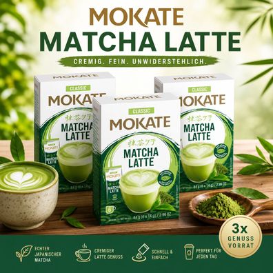 3er Pack Mokate Matcha Latte Classic Instant Grüntee 18 Portionen Vorteilspack
