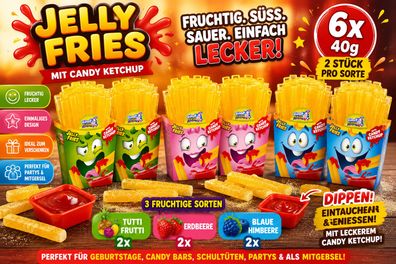 6x40g Jelly Fries Fruchtgummi Pommes mit Candy Ketchup 3 Sorten
