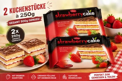 2 Kuchenstücke Vincinni Strawberry Cake 500g saftiger Rührkuchen