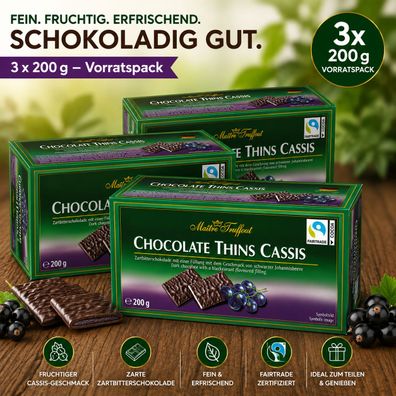 3x200g Zartbitterschokolade Cassis Thins Vorratspack Fairtrade 600g