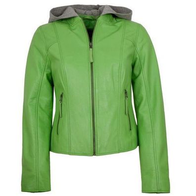 Jilani Collection - Damen Lederjacke Lammnappa Kapuze grün