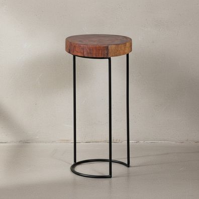 Beistelltisch INDI Massivholz Metallgestell Baumstammplatte 45-55 cm hoch