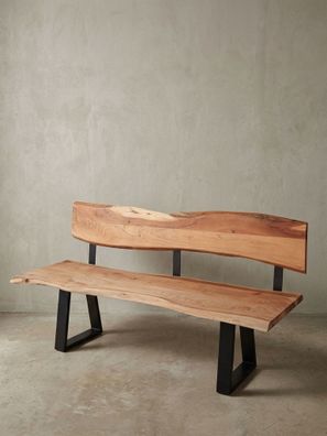 Esszimmerbank Akazie-Massivholz Baumkante Eisen-Gestell 160-180 cm breit