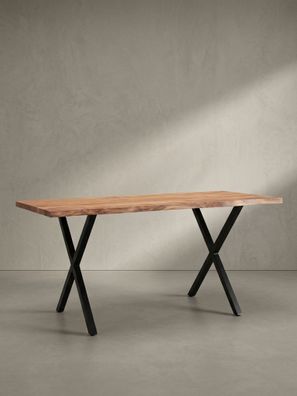 Esstisch KRETA Akazie-Massivholz Baumkante X-Metallgestell 120-200 cm breit
