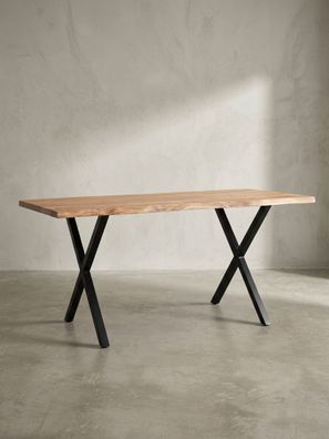 Schreibtisch KRETA Akazie Massivholz Baumkante X-Beine 120-200 cm breit