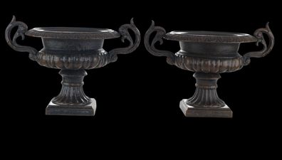 Medici Vase Pflanzschale Gusseisen Braun 2er-Set Gartenurne Neoklassik Antik H 25 cm