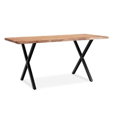 Bürotisch KRETA Akazie Massivholz Baumkante X-Beine schwarz 120-200 cm breit