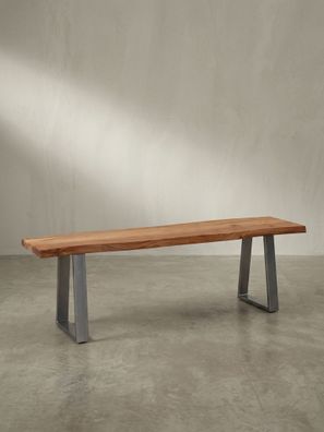 Esszimmerbank Massivholz mit Baumkante und Chromgestell 120-180 cm breit