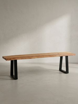 Esszimmerbank Akazie Massivholz Baumkante Trapez-Metallbeine 120-180 cm