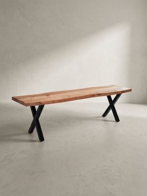 Esszimmerbank Massivholz Metall Baumkante X-Beine ohne Lehne 120-180 cm breit