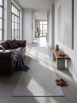 Teppich Kurzflor ERESMA Grau 12 mm Jute Polyester geometrisch Bogen-Muster