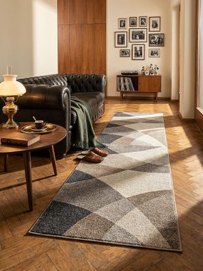 Niederflor-Teppich Läufer THUR Grau 4 mm Wellenbögen für Wohnzimmer