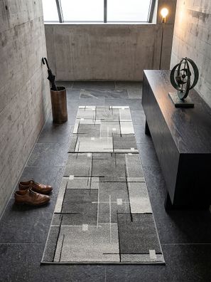 Kurzflorteppich Läufer Niederflor THUR Grau 4 mm geometrisch für Wohnzimmer