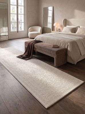 Teppichläufer Kurzflor KASOS Creme 12 mm Polyester für Flur Uni