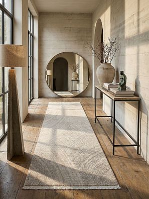 Teppichläufer Kurzflor Scrivia Beige 7 mm dezentes 3D-Relief für Flur Bogen-Muster
