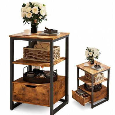 Nachttisch, Beistelltisch, Kommode, Dunkelbrauner Loft-Stil, 2 Ablagen, 80 cm