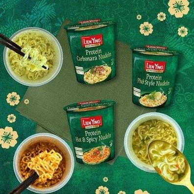 Lien Ying Protein Nudel Set - 6x Cup-Nudeln Pho Style Carbonara Hot & Spicy