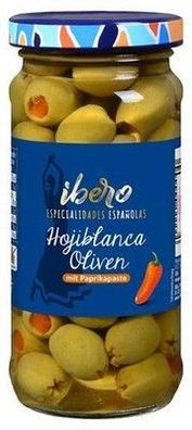 Ibero Grüne Hojiblanca Oliven mit Paprikapaste 135 g Glas Vegan Glutenfrei