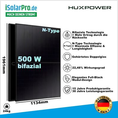 500W huxpower® HPTB500 · N-Type · Transparent · Bifazial · Full Black · Doppelglas