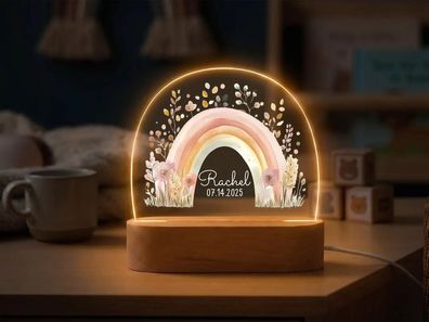 Personalisierte LED Nachtlampe Baby mit Name Regenbogen Nachtlicht Holz
