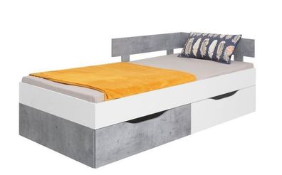 Weiße Lux/ Beton Einzelbett mit 2 Schubladen, 90x200 cm