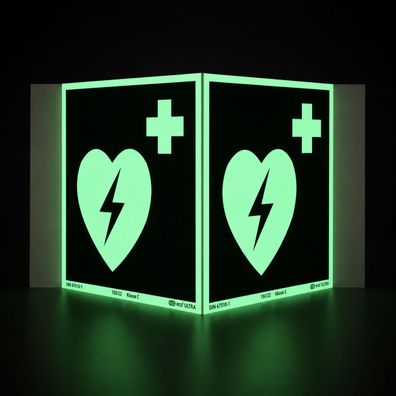 AED - Defibrillator Nasenschild langnachleuchtend ISO 7010 / E010 Winkelschild