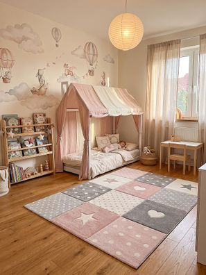 Kinderteppich IDRO Kurzflor Sterne Herzen Punkte Pink Jute-Rücken Kinderzimmer