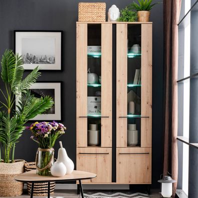 Vitrine Highboard Schrank mit Fächer Wohnzimmerschrank Holz Eiche Natur Kufenfüße
