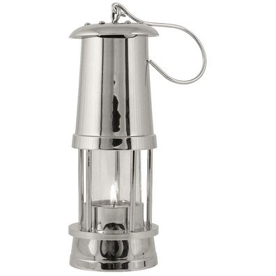 Teelichtlaterne "Grubenlampe" Messing verchromt, mit Haken, Höhe 21cm, Gewicht 0,83kg