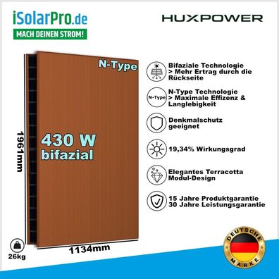430W HUXPOWER® HPOB430 · N-Type · Bifazial · Terrakotta Doppelglas RAL 8001