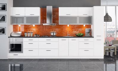 Küchenzeile PL5, 380cm , Hochglanz, Soft Close, mit Arbeitsplatte, Farbe wählbar