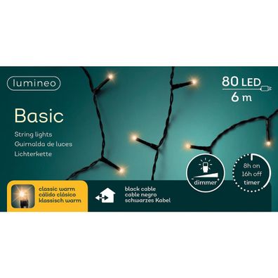 Lumineo LED Lichterkette Basic schwarz 6 Meter 80 Lichter - klassisch warm