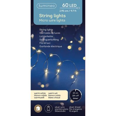 Lumineo Batterie Micro-LED Lichterkette silber 2,95 Meter 60 Lichter - warmweiß
