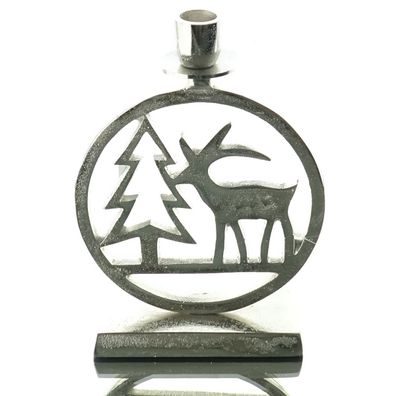 Weihnachtsleuchter Tannenbaum mit Hirsch Silberfarben massiv 20 cm - Aluminium