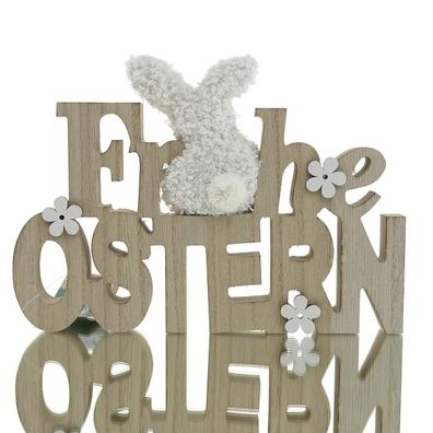 Kaemingk Schriftzug Frohe Ostern mit Plüschhasen Wollweiß - Holz