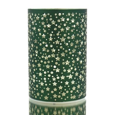 GASPER Glas Windlicht mit LED Zylinder STARS dunkelgrün Ø 8 cm Höhe 12 cm