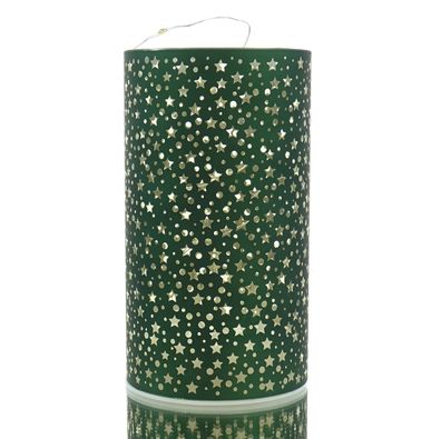 GASPER Glas Windlicht mit LED Zylinder STARS dunkelgrün Ø 9 cm Höhe 16 cm