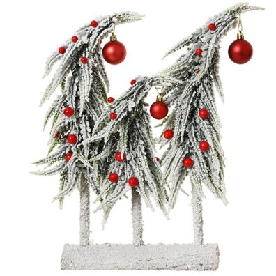 Weihnachtsdeko 3 Mini-Tannen beschneit mit roten Kugeln Höhe 40 cm Breite 30 cm Länge