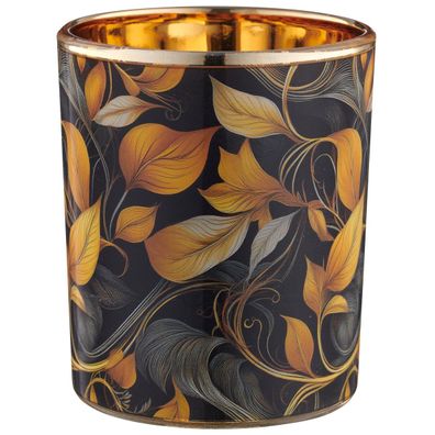 GASPER Lepuro Instyle Teelichtglas Orange & Schwarz mit floralem Muster Ø 7 cm - Gla