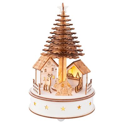 Lumineo Batterie LED Weihnachts-Szene Nostalgie Natur & Weiß großer Baum Bewegung & M