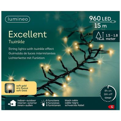 Lumineo LED Lichterkette Excellent Twinkle schwarz 15 Meter 960 Lichter - softgold