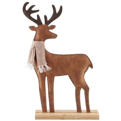 Weihnachtsdeko Hirsch aus hellbraunem Lederimitat mit Schal auf Holzbasis 35,5 cm