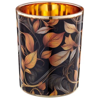 GASPER Lepuro Instyle Windlicht Orange & Schwarz mit floralem Muster Ø 10 cm - Glas