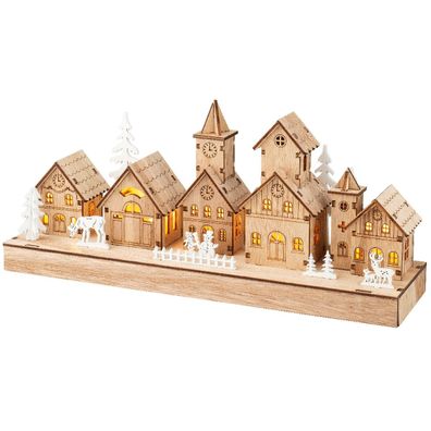 Lumineo Batterie LED Kleines Weihnachtsdorf Natur & Weiß 5 Häuser 30 x 13,5 cm 5 LED